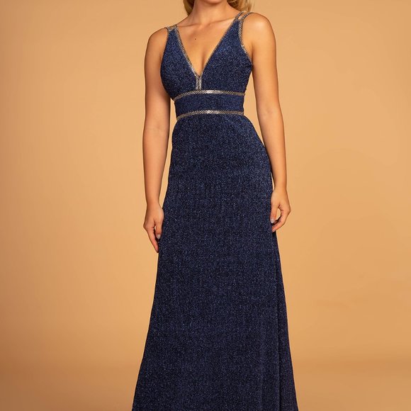 GLS Collective Dresses & Skirts - V-Neckline A-Line Glittered Evening Dress GSGL2503